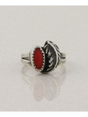 Sterling Silver Red Coral Leaf Ring Size 6 Signed PF